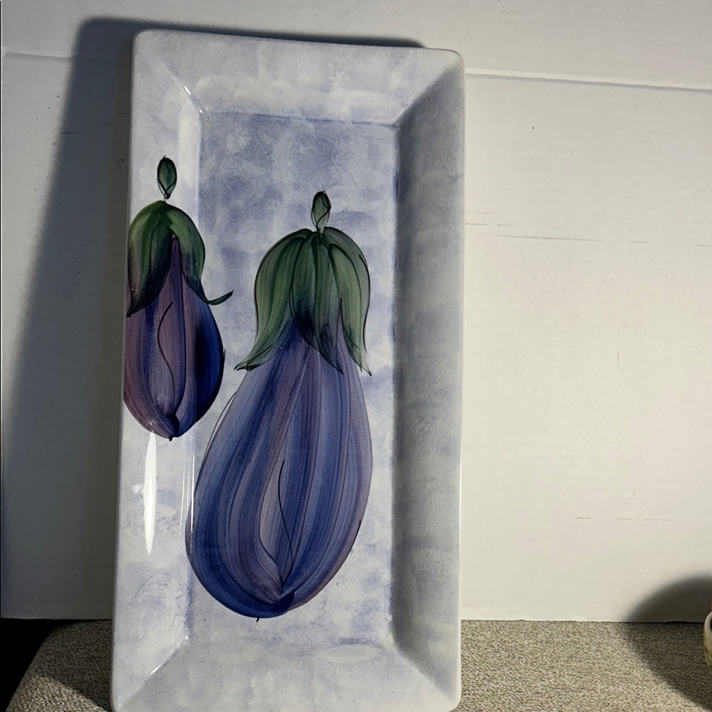 Rectangular Ceramic Platter with Eggplant Design 9 x 17 3/4 inch Made in Italy